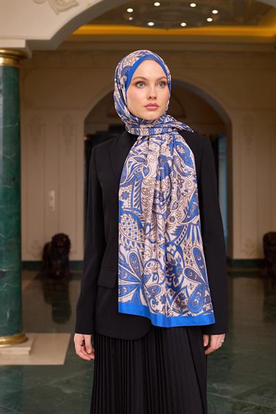 Desenli Vual Şal Saks Beyaz Vual İpek Şal -  9803-23