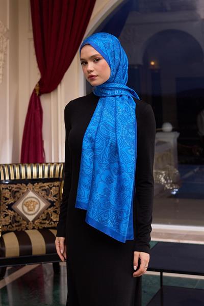 Desenli Vual Şal Saks Vual İpek Şal -  9803-22