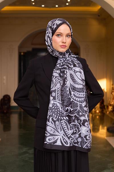 Desenli Vual Şal Siyah Beyaz Vual İpek Şal -  9803-24