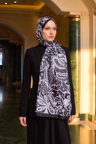 Desenli Vual Şal Siyah Beyaz Vual İpek Şal -  9803-24