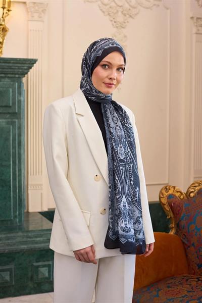 Desenli Vual Şal Siyah Beyaz Vual İpek Şal - 9804-16