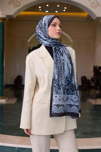 Desenli Vual Şal Siyah Gümüş Vual İpek Şal - 9802-07