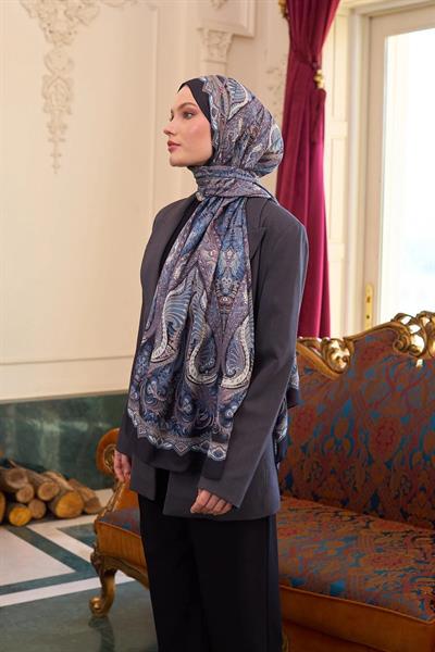 Desenli Vual Şal Siyah Mavi Vual İpek Şal - 9804-17