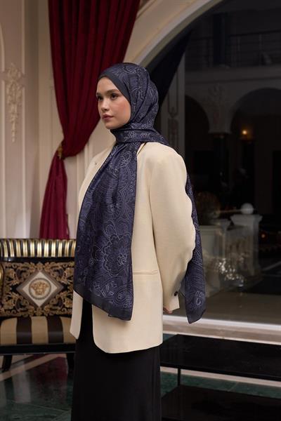 Desenli Vual Şal Siyah Mor Vual İpek Şal -  9803-25