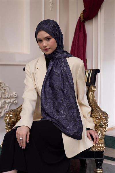 Desenli Vual Şal Siyah Mor Vual İpek Şal -  9803-25