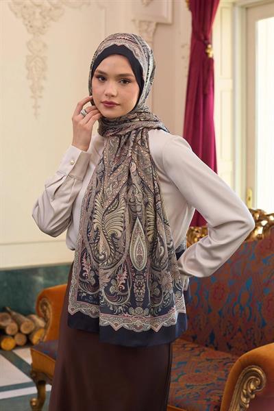 Desenli Vual Şal Siyah Su Yeşili Vual İpek Şal - 9804-18
