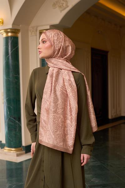 Desenli Vual Şal Sütlü Kahve Vual İpek Şal -  9803-27