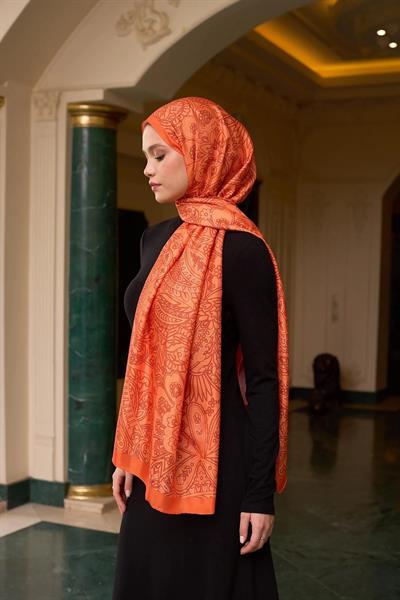 Desenli Vual Şal Turuncu Vual İpek Şal - 9803-29