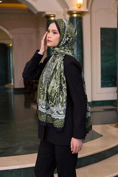 Desenli Vual Şal Zeytin Yeşili Vual İpek Şal - 9802-12