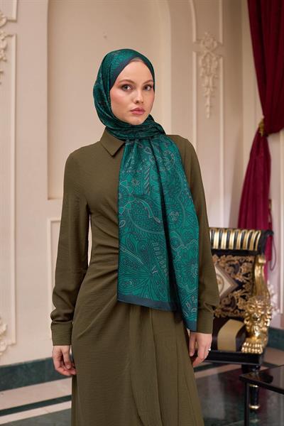 Desenli Vual Şal Zümrüt Yeşili Vual İpek Şal -  9803-32