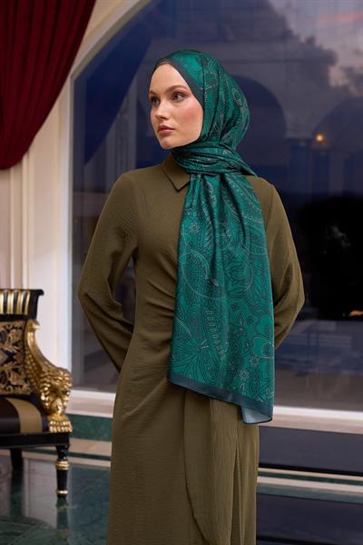 Desenli Vual Şal Zümrüt Yeşili Vual İpek Şal -  9803-32