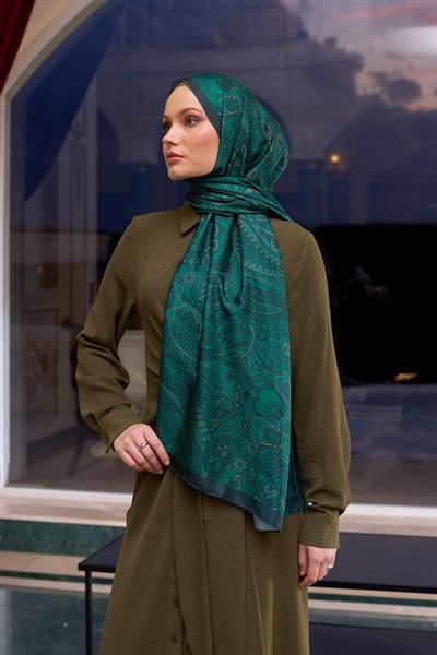 Desenli Vual Şal Zümrüt Yeşili Vual İpek Şal -  9803-32