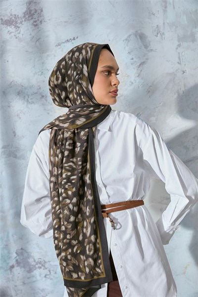 Eco Viscose Şal Haki Olive Kına Yeşili Leopar Desenli Nefes Alan 90X200