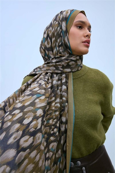 Eco Viscose Şal Kına Yeşili Turkuaz Vizon Leopar Desenli Nefes Alan 90X200
