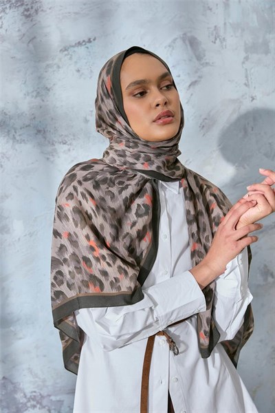 Eco Viscose Şal Vizon Turuncu Antrasit Leopar Desenli Nefes Alan 90X200
