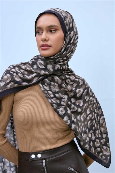 Eco Viscose Şal Zeytin Grisi Siyah Vizon Leopar Desenli Nefes Alan 90X200
