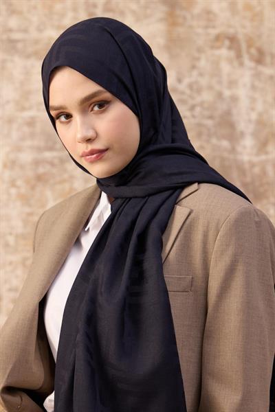 Fendi Desen Pamuk Jakar Şal Koyu Lacivert 8009-07