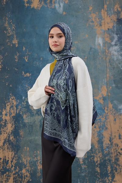 Gece Mavi Hint Vual Şal -  5008-04