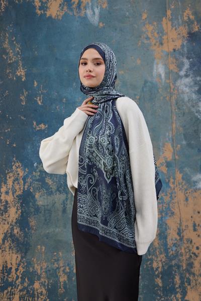 Gece Mavi Hint Vual Şal -  5008-04