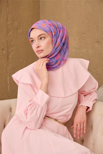 İnce Pamuk Soft Eşarp Eflatun-Pembe Turuncu Desenli Nefes Alan Tok Duruşlu
                90X90