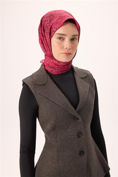 İnce Pamuk Soft Eşarp Fuşya-Bordo Desenli Kaymaz Dokulu Tok Duruşlu 90X90