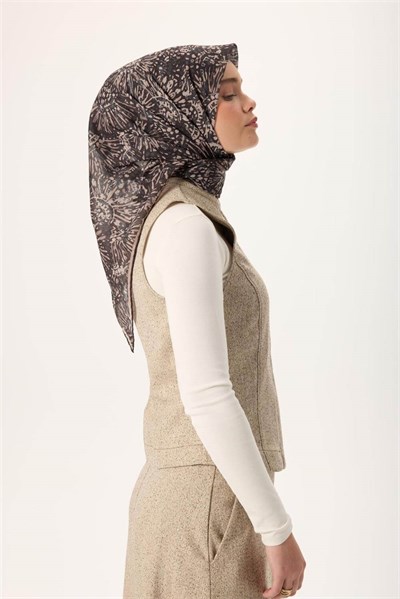İnce Pamuk Soft Eşarp Siyah-Vizon Desenli Tok Duruşlu Kaymaz 90X90