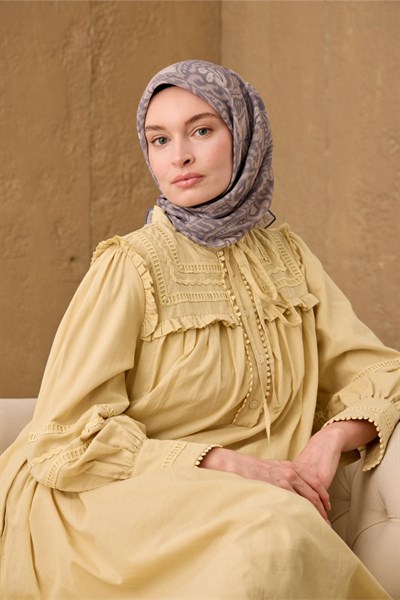 İnce Pamuk Soft Eşarp Vizon-Koyu Vizon Çelik Mavi Desenli Soft Dokulu Nefes Alan 90X90