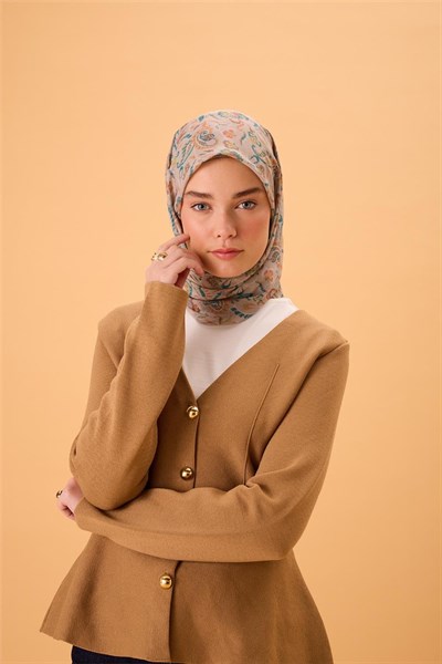 İnce Pamuk Soft Eşarp Vizon-Patina Yeşili Desenli Kaymaz Dokulu Tok Duruşlu
                90X90
