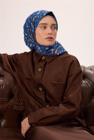İnce Pamuk Soft Eşarp Vizon Saks Desenli Nefes Alan 90X90