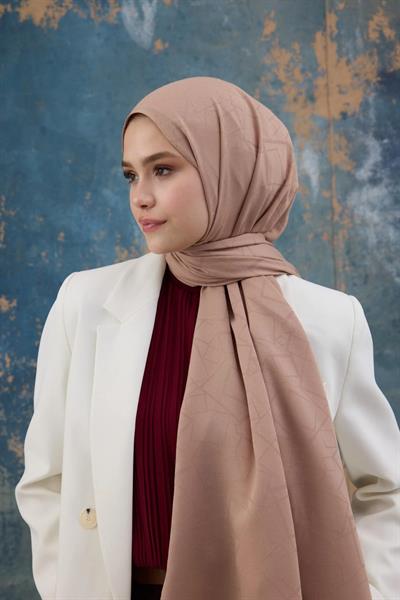 Kare Desen Pamuk Jakar Şal Tatlı Vizon 8012-23