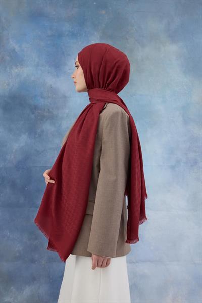 Kaz Ayağı Desen Pamuk Jakar Şal Kırmızı 8011-15