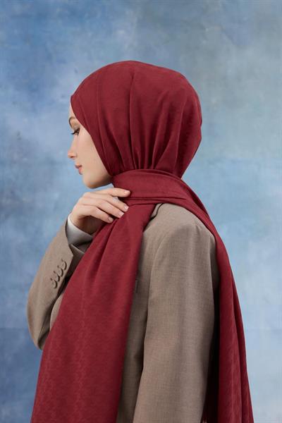 Kaz Ayağı Desen Pamuk Jakar Şal Kırmızı 8011-15