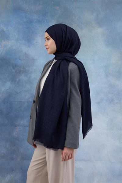 Kaz Ayağı Desen Pamuk Jakar Şal Koyu Lacivert 8011-07