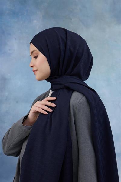 Kaz Ayağı Desen Pamuk Jakar Şal Koyu Lacivert 8011-07