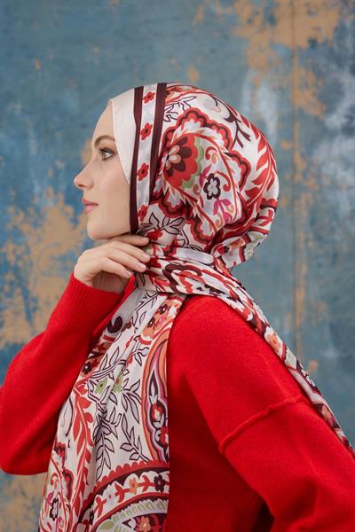 Kırmızı Beyaz Hint Vual Şal -  5004-15
