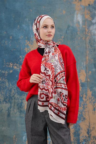 Kırmızı Beyaz Hint Vual Şal -  5004-15