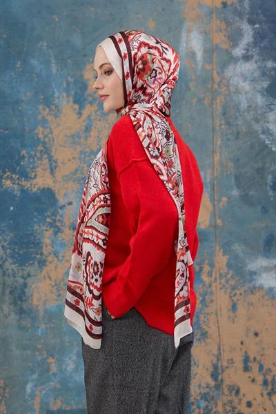 Kırmızı Beyaz Hint Vual Şal -  5004-15