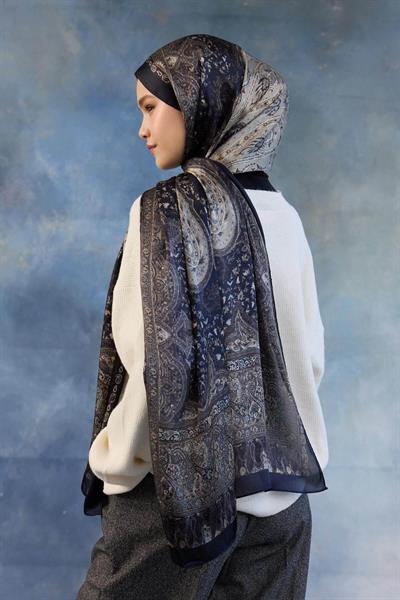 Lacivert Beyaz Hint Vual Şal -  5002-12