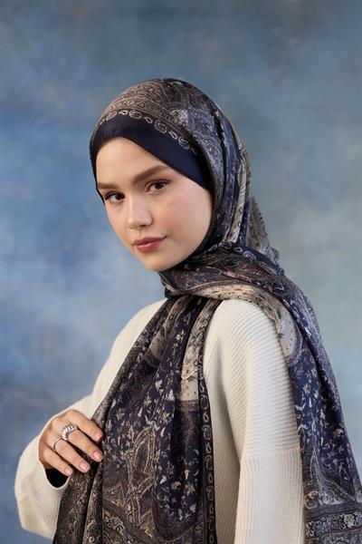 Lacivert Beyaz Hint Vual Şal -  5002-12