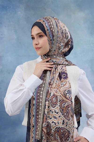 Lacivert Kahve Hint Vual Şal - 5005-03