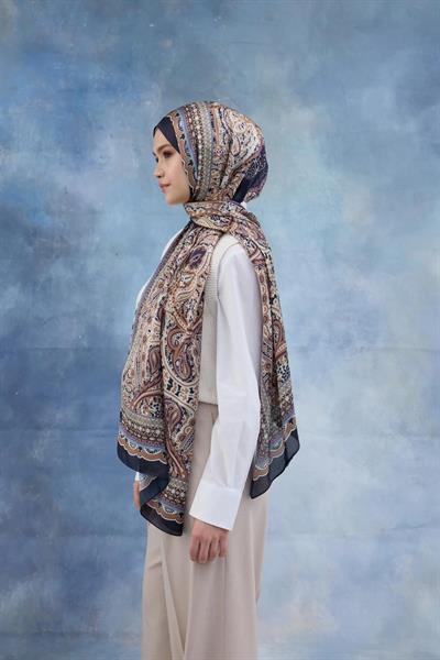 Lacivert Kahve Hint Vual Şal - 5005-03