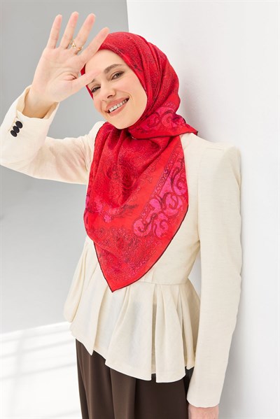 Monare Eşarp Etnik Motif Bayrak Kırmızı 90x90