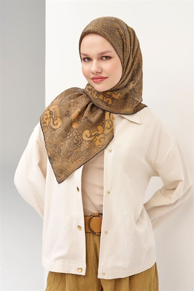 Monare Eşarp Etnik Motif Yeşil Kahve 90x90