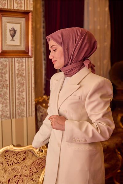 Monogram Pamuk İpek Eşarp Gül Kurusu Tonlu Desenli Tok Duruşlu 90x90