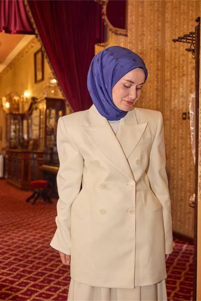 Monogram Pamuk İpek Eşarp Saks Mavi Tonlu Desenli Tok Duruşlu 90x90