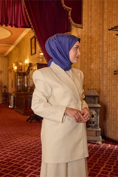 Monogram Pamuk İpek Eşarp Saks Mavi Tonlu Desenli Tok Duruşlu 90x90