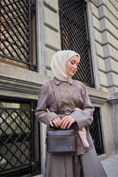 Monogram Pamuk İpek Eşarp Krem-Bej Tonlu Desenli Tok Duruşlu 90x90