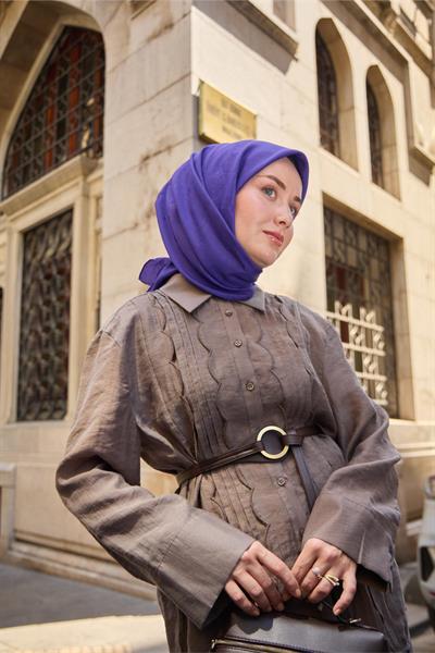 Monogram Pamuk İpek Eşarp Saks-Lacivert Tonlu Desenli Tok Duruşlu 90x90