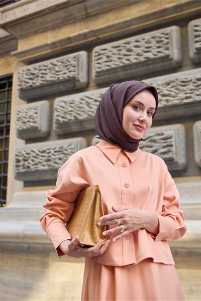 Monogram Pamuk İpek Eşarp Pudra-Somon Tonlu Desenli Tok Duruşlu 90x90