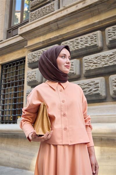 Monogram Pamuk İpek Eşarp Pudra-Somon Tonlu Desenli Tok Duruşlu 90x90